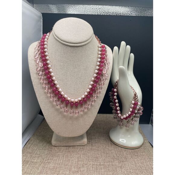 Coldwater Creek Fringe Necklace & Bracelet Set  Pink White Clear Acrylic Adjusta - Picture 8 of 8